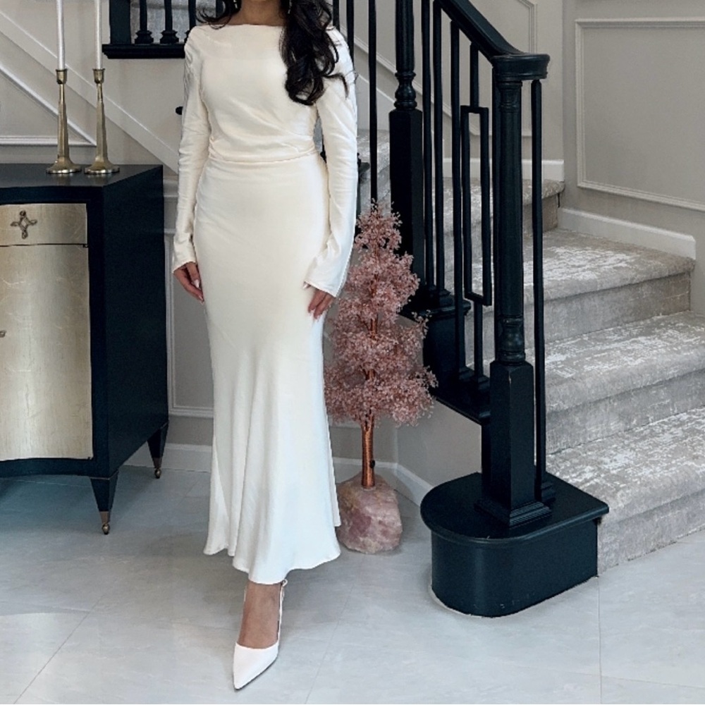 White satin long sleeve dress